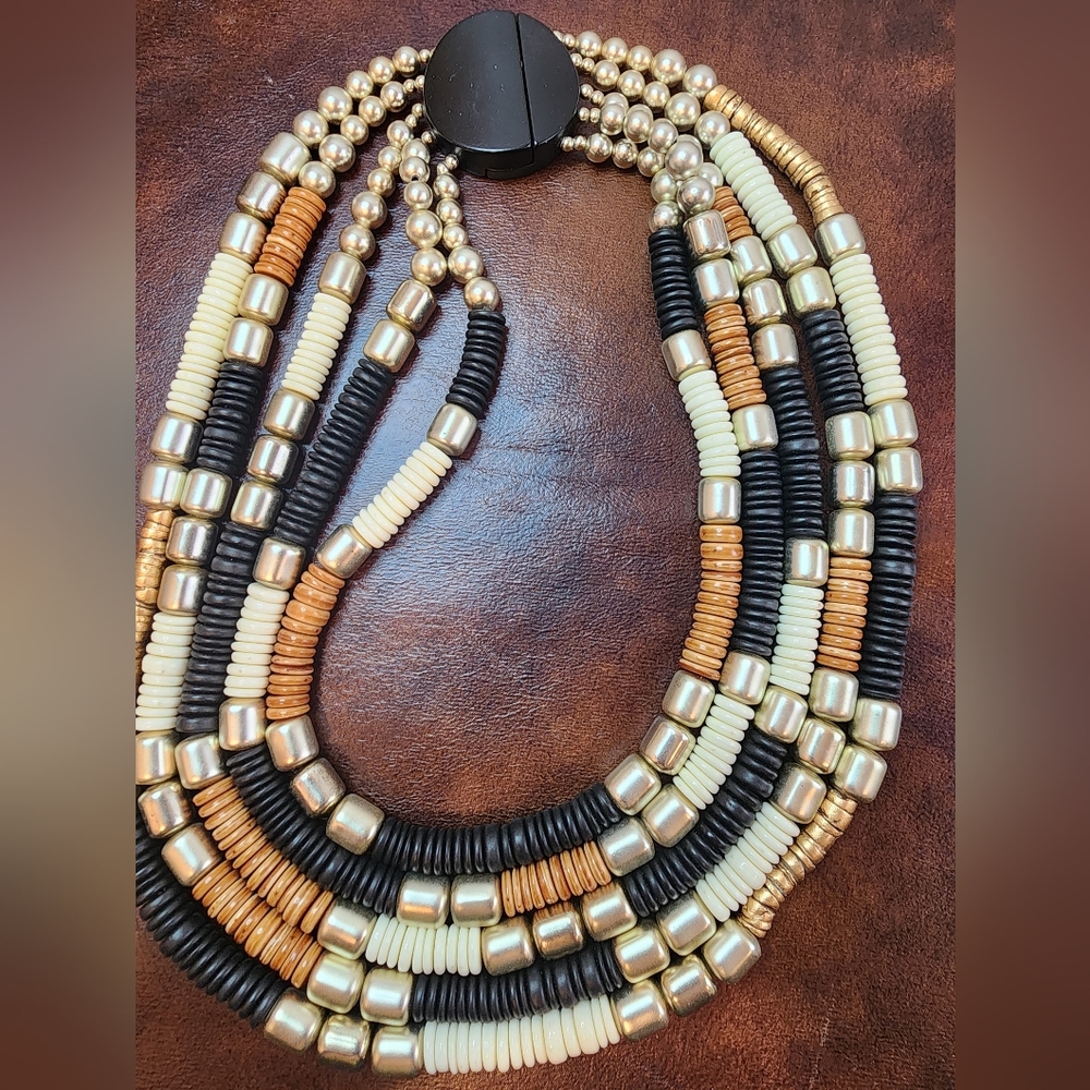 #10 Vintage 5 Strand Statement Brown, Black & Gold Beaded Vecklace